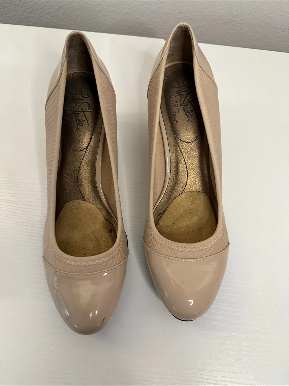 Life Stride Beige Patent Wedge Pumps